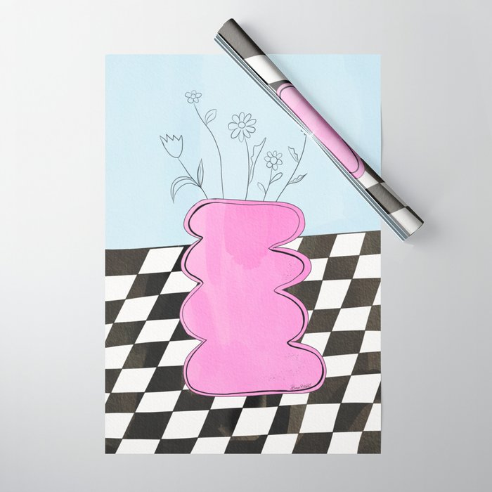 Pink Wavy Vase with Checkerboard Pattern Wrapping Paper Gallery Image 1