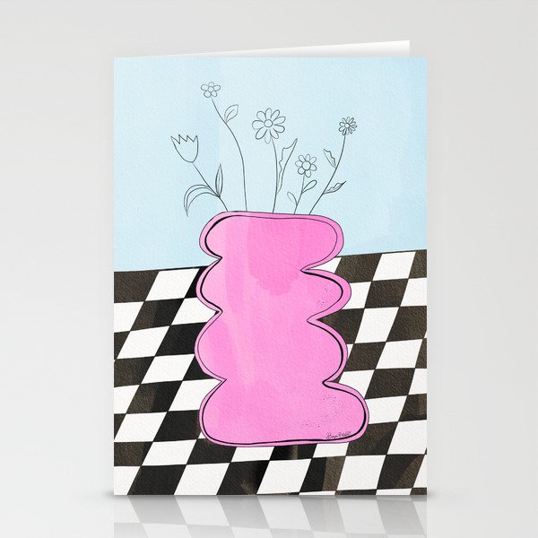 Pink Wavy Vase with Checkerboard Pattern Stationery Card Gallery Image 2