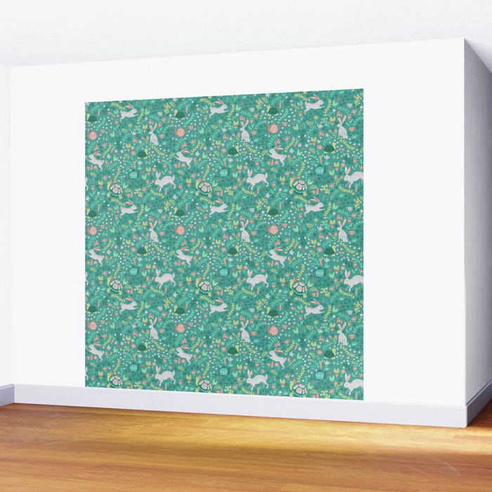 Spring Pattern of Bunnies with Turtles Wall Mural Gallery Image 2