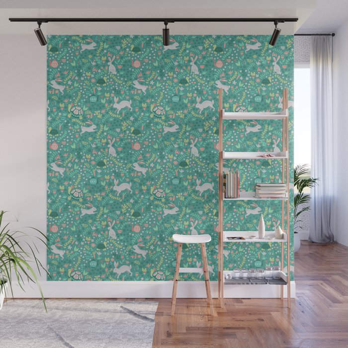 Spring Pattern of Bunnies with Turtles Wall Mural Gallery Image 1