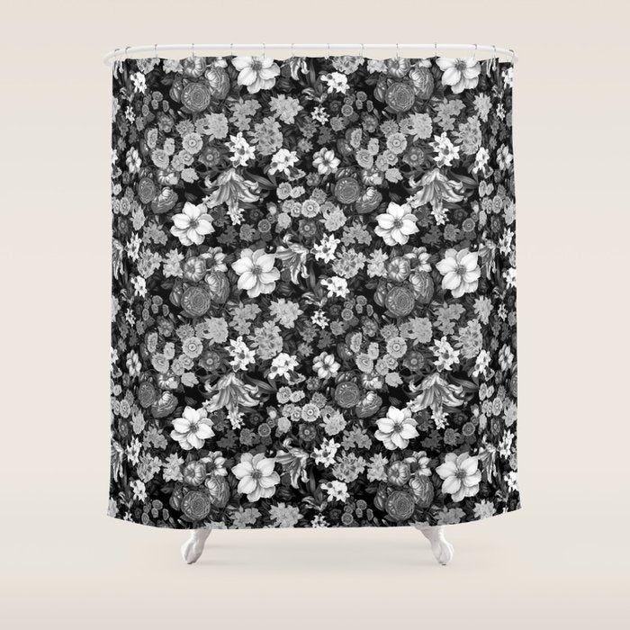 Black and White Floral Pattern Shower Curtain Gallery Image 1