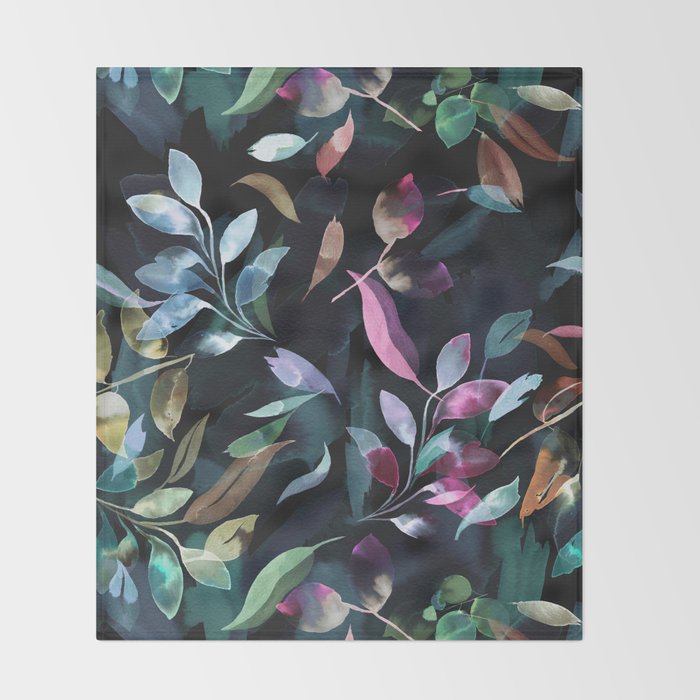 Midnight garden foliage Watercolor Leaves Dark Romantic botanical Jewel tones Throw Blanket Gallery Image 2