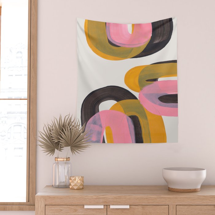 Hills Mid Century Modern Minimalist Fun Colorful Abstract Shapes Pink Yellow Black by Ejaaz Haniff Wall Tapestry Gallery Image 2