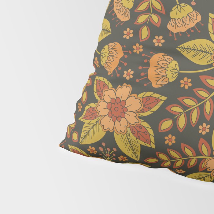 Orange, Peach, Olive Green & Dark Gray Floral Pattern Pillow Sham Gallery Image 4