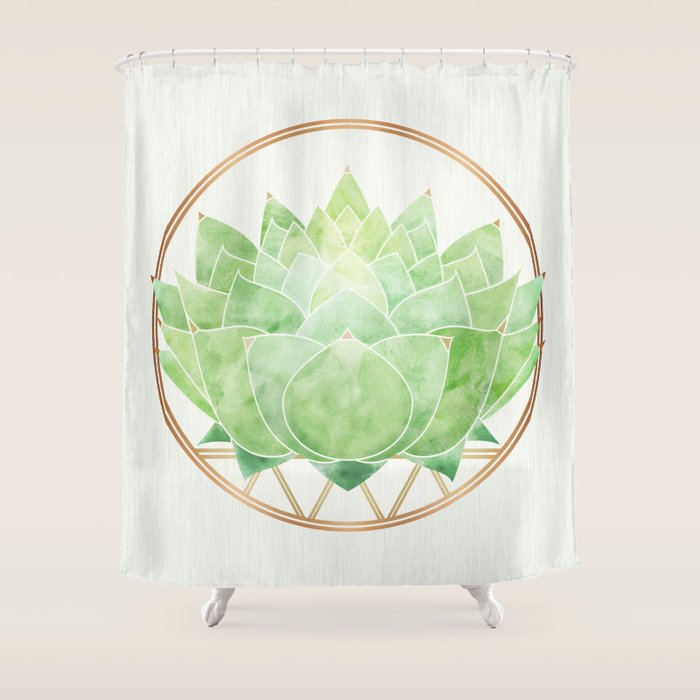Watercolor Succulent Plant with Metallic Gold Shower Curtain Gallery Image 1