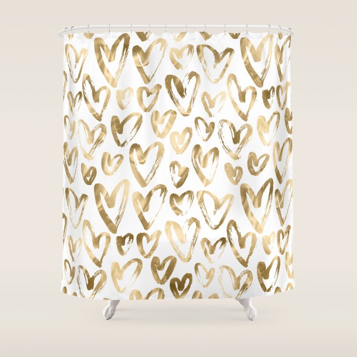 Gold Love Hearts Pattern on White Shower Curtain Gallery Image 1