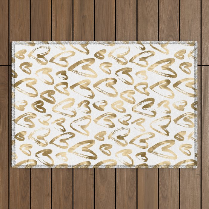 Gold Love Hearts Pattern on White Outdoor Rug Gallery Image 1