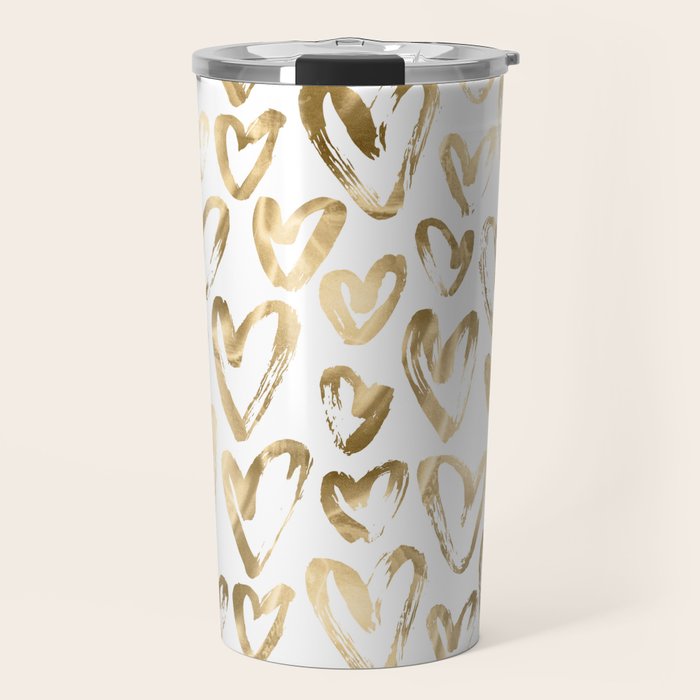 Gold Love Hearts Pattern on White Travel Mug Gallery Image 1