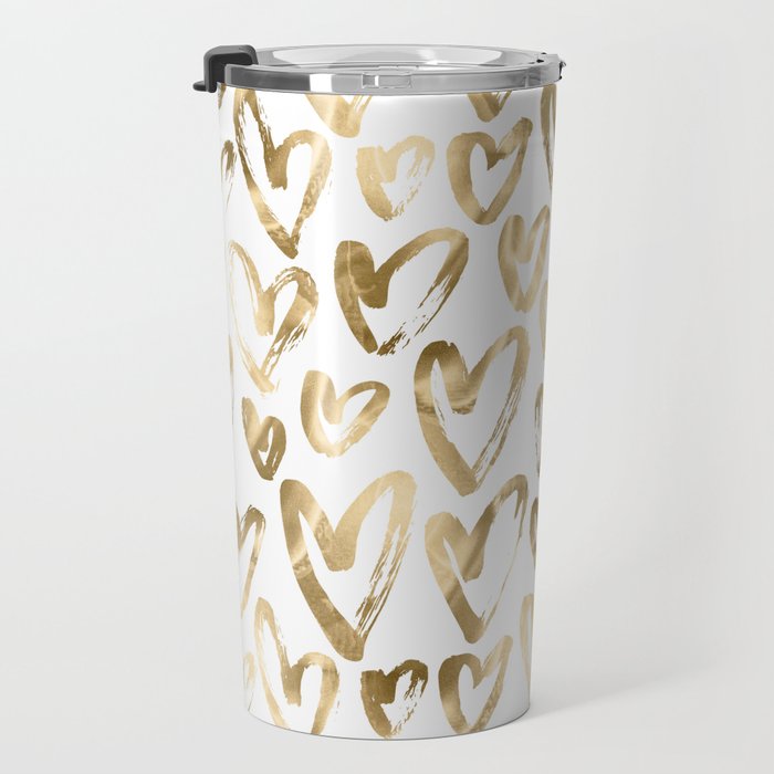 Gold Love Hearts Pattern on White Travel Mug Gallery Image 3