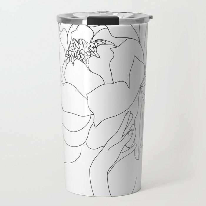 Minimal Line Art Woman Flower Head Travel Mug Gallery Image 1