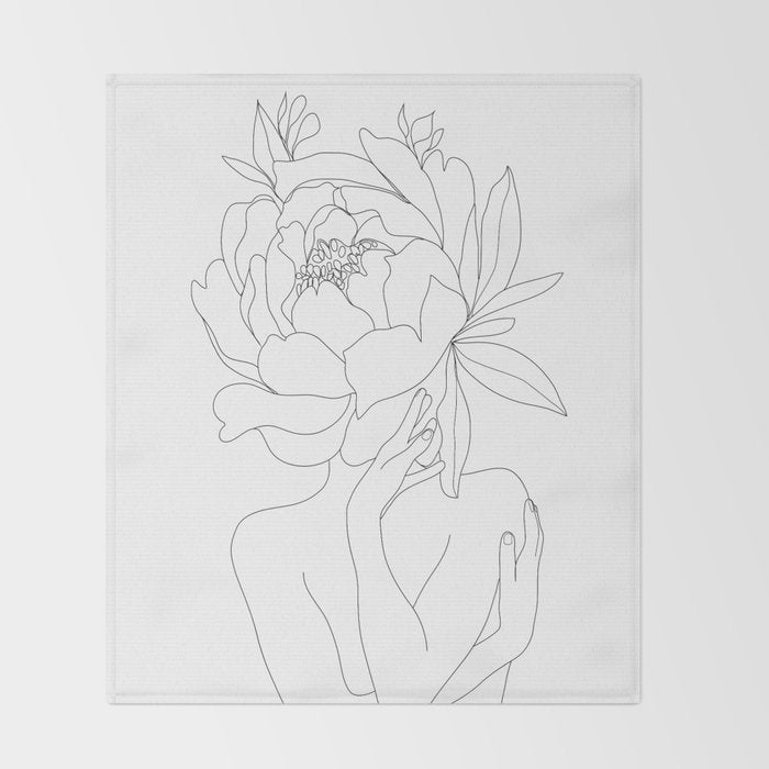 Minimal Line Art Woman Flower Head Throw Blanket Gallery Image 2