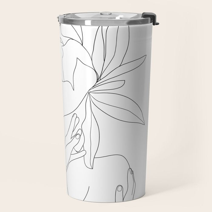 Minimal Line Art Woman Flower Head Travel Mug Gallery Image 2