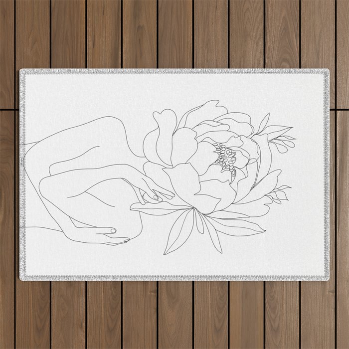 Minimal Line Art Woman Flower Head Outdoor Rug Gallery Image 1