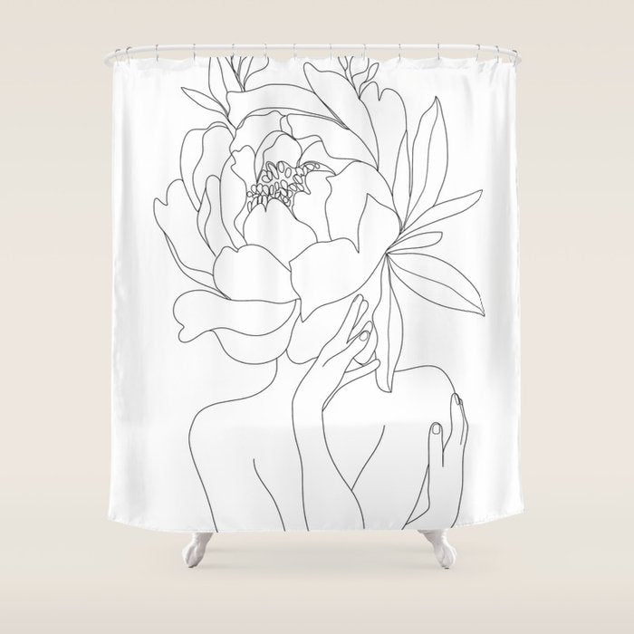 Minimal Line Art Woman Flower Head Shower Curtain Gallery Image 1