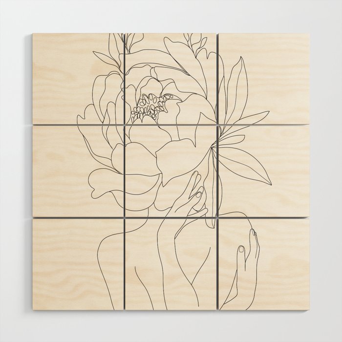 Minimal Line Art Woman Flower Head Wood Wall Art Gallery Image 1
