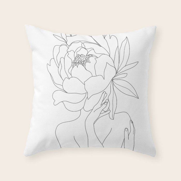 Minimal Line Art Woman Flower Head Throw Pillow Gallery Image 6
