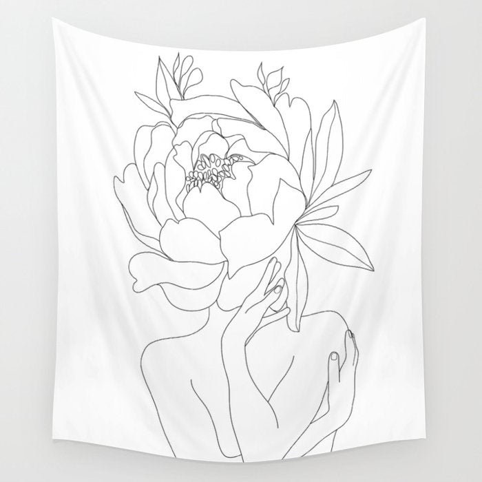 Minimal Line Art Woman Flower Head Wall Tapestry Gallery Image 4
