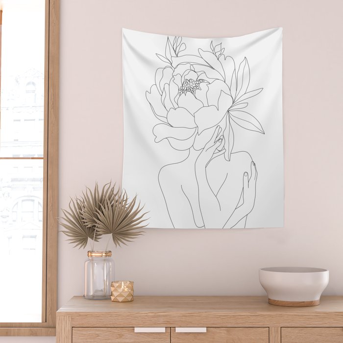Minimal Line Art Woman Flower Head Wall Tapestry Gallery Image 2