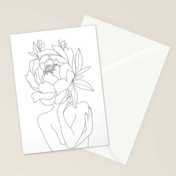 Minimal Line Art Woman Flower Head Stationery Card Gallery Image 2