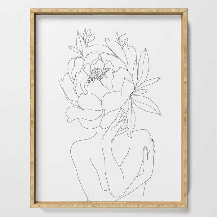 Minimal Line Art Woman Flower Head Serving Tray Gallery Image 1