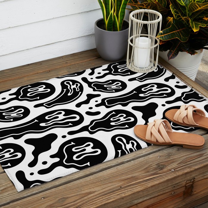 Black and white melted happy face pattern Outdoor Rug Gallery Image 2