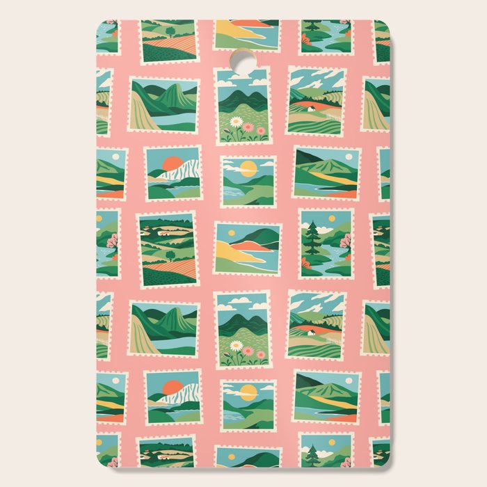 Vintage nature landscape postage stamp sticker pattern Cutting Board Gallery Image 1