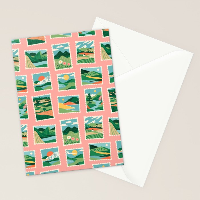 Vintage nature landscape postage stamp sticker pattern Stationery Card Gallery Image 2