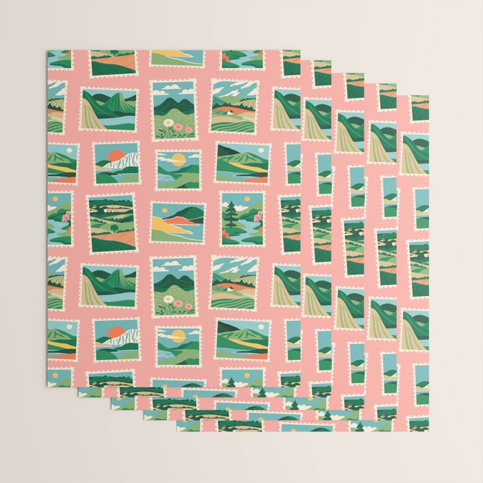 Vintage nature landscape postage stamp sticker pattern Wrapping Paper Gallery Image 3