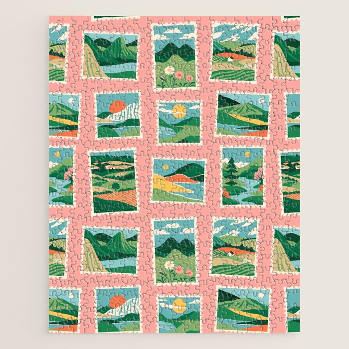 Vintage nature landscape postage stamp sticker pattern Jigsaw Puzzle Gallery Image 1