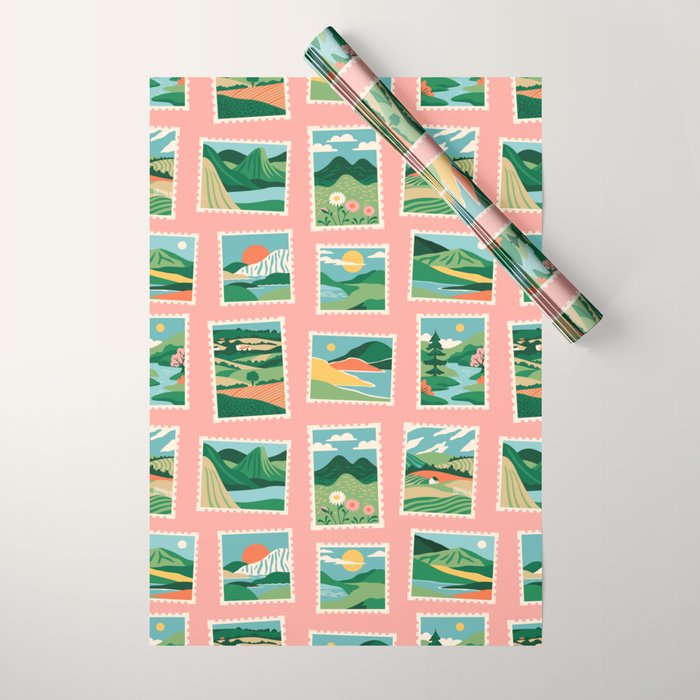 Vintage nature landscape postage stamp sticker pattern Wrapping Paper Gallery Image 1