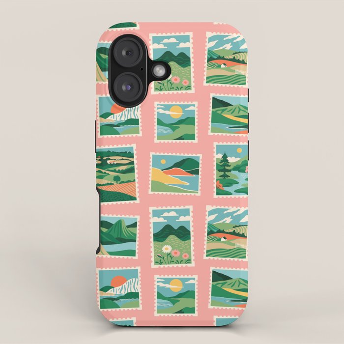 Vintage nature landscape postage stamp sticker pattern iPhone Case Gallery Image 1