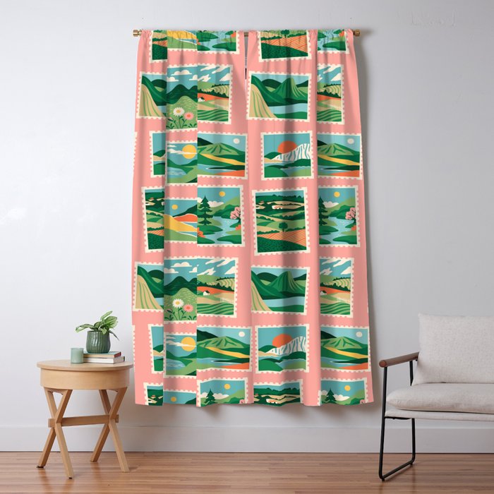 Vintage nature landscape postage stamp sticker pattern Window Curtain Gallery Image 5