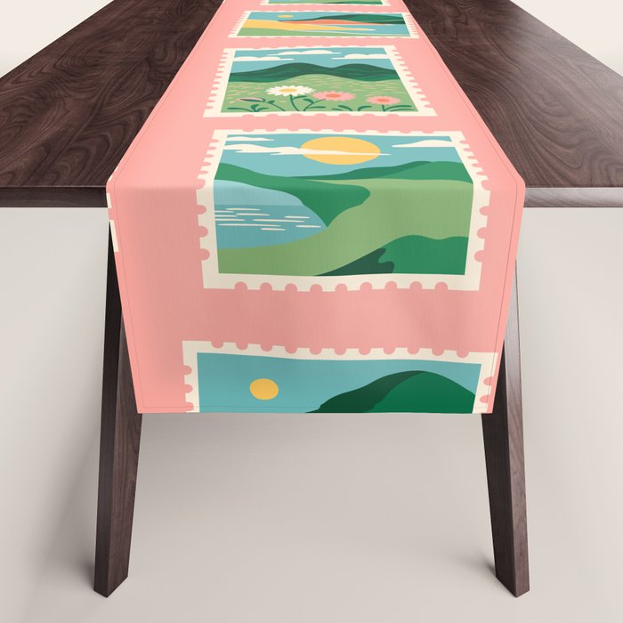 Vintage nature landscape postage stamp sticker pattern Table Runner Gallery Image 1