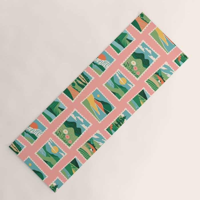 Vintage nature landscape postage stamp sticker pattern Yoga Mat Gallery Image 1