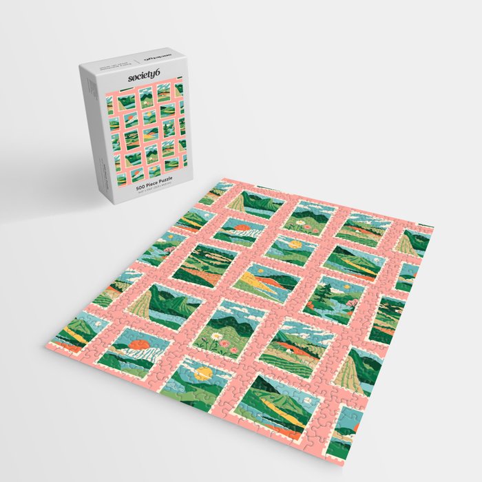 Vintage nature landscape postage stamp sticker pattern Jigsaw Puzzle Gallery Image 2