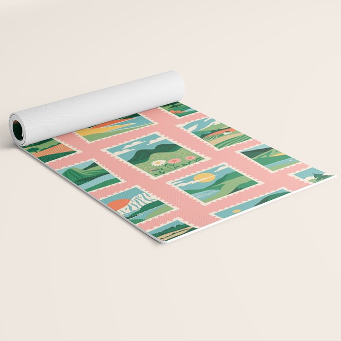 Vintage nature landscape postage stamp sticker pattern Yoga Mat Gallery Image 2