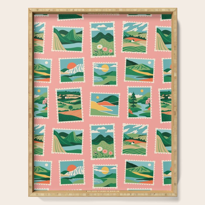 Vintage nature landscape postage stamp sticker pattern Serving Tray Gallery Image 1