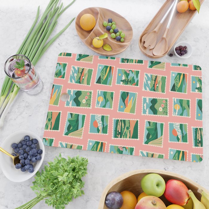 Vintage nature landscape postage stamp sticker pattern Cutting Board Gallery Image 2