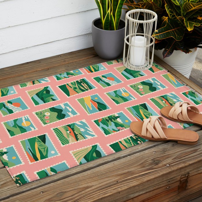 Vintage nature landscape postage stamp sticker pattern Outdoor Rug Gallery Image 2