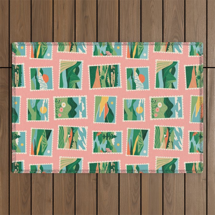 Vintage nature landscape postage stamp sticker pattern Outdoor Rug Gallery Image 1