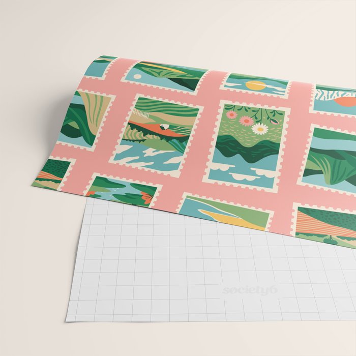 Vintage nature landscape postage stamp sticker pattern Wrapping Paper Gallery Image 2