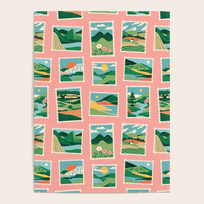 Vintage nature landscape postage stamp sticker pattern Poster Gallery Image 1