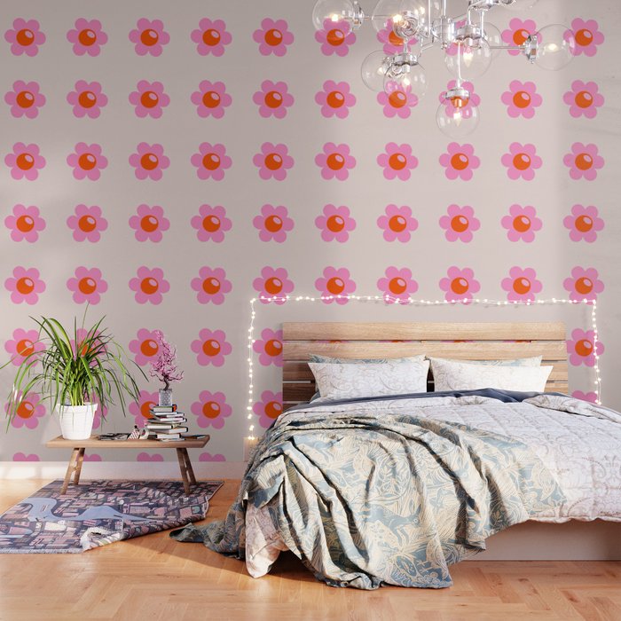 La Fleur | 05 - Abstract Retro Flower Print Pink Orange And Neutral Boho Decor Modern Floral Wallpaper Gallery Image 1