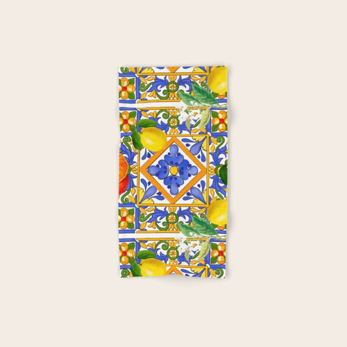 Summer ,Sicilian Tiles ,Citrus,Oranges,Majolica,Lemons ,Mediterranean  Bath Towel