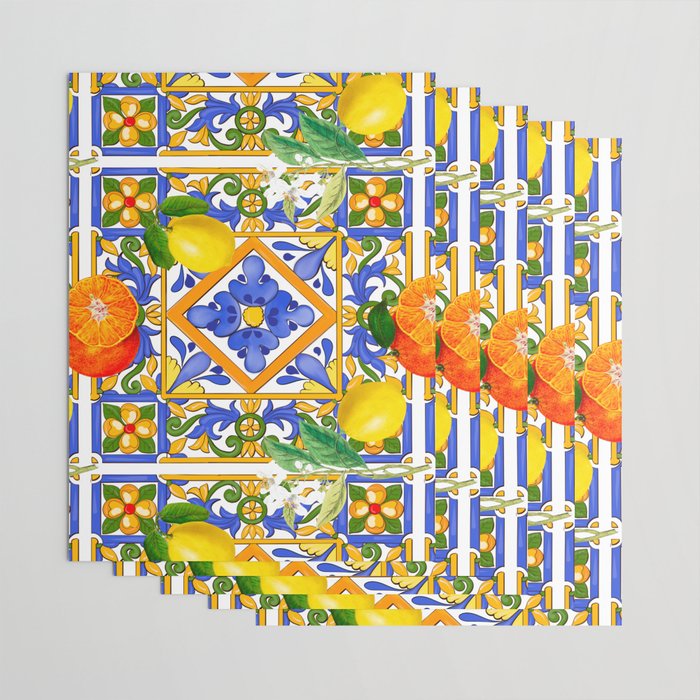 Summer ,Sicilian tiles ,citrus,oranges,majolica,lemons ,Mediterranean  Wrapping Paper Gallery Image 3