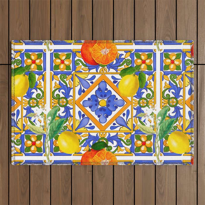 Summer ,Sicilian tiles ,citrus,oranges,majolica,lemons ,Mediterranean  Outdoor Rug Gallery Image 1