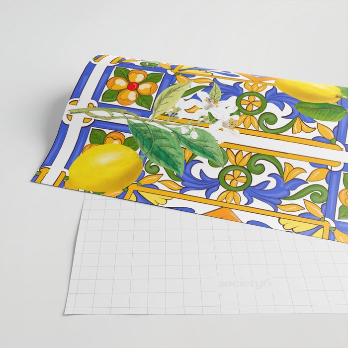 Summer ,Sicilian tiles ,citrus,oranges,majolica,lemons ,Mediterranean  Wrapping Paper Gallery Image 2
