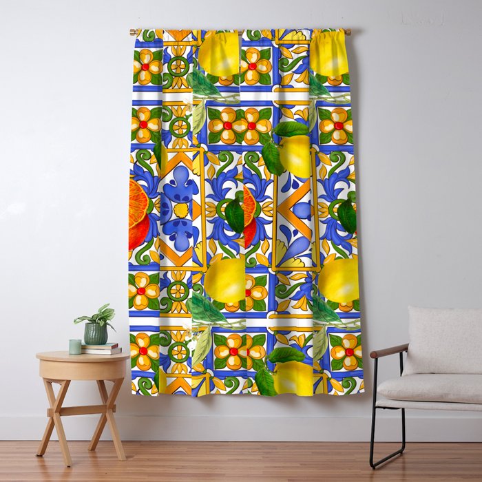 Summer ,Sicilian tiles ,citrus,oranges,majolica,lemons ,Mediterranean  Window Curtain Gallery Image 1
