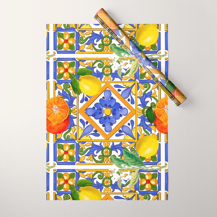 Summer ,Sicilian tiles ,citrus,oranges,majolica,lemons ,Mediterranean  Wrapping Paper Gallery Image 1