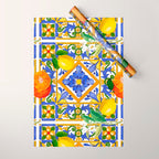 Summer ,Sicilian tiles ,citrus,oranges,majolica,lemons ,Mediterranean  Wrapping Paper Gallery Image 1